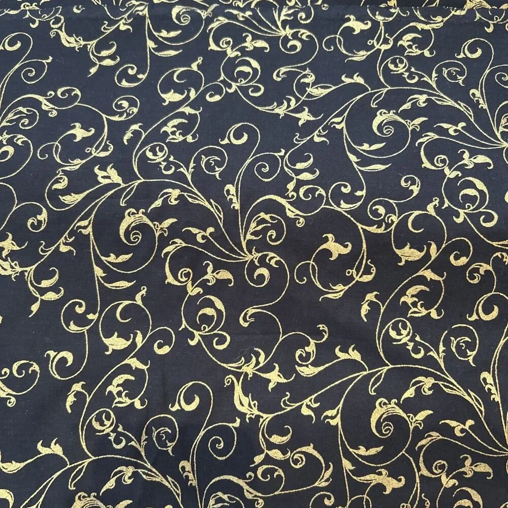 Elegant Scroll Black & Metallic Gold Cotton Quilting Crafting Fabric 45